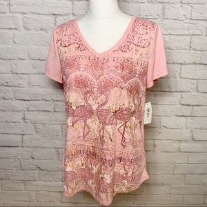NWT Womens Style & Co Flamingo print vneck tee